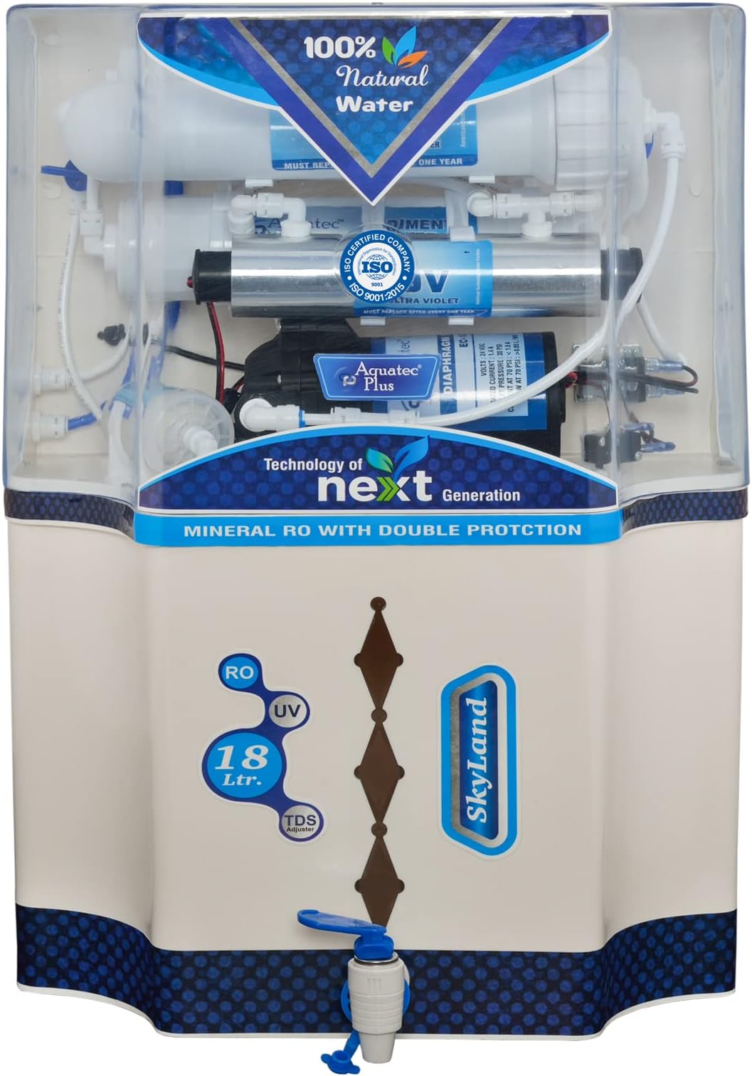 SkyLand 18L RO+UV+UF+TDS Water Purifier for Home (White) Work Up to 2500 TDS