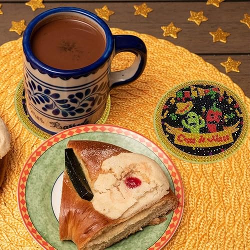 Miniatura 5 de Juego de 8 posavasos de pintura de diamantes con temática mexicana, posavasos de diamante para fiesta del Cinco de Mayo, con soporte para adultos y