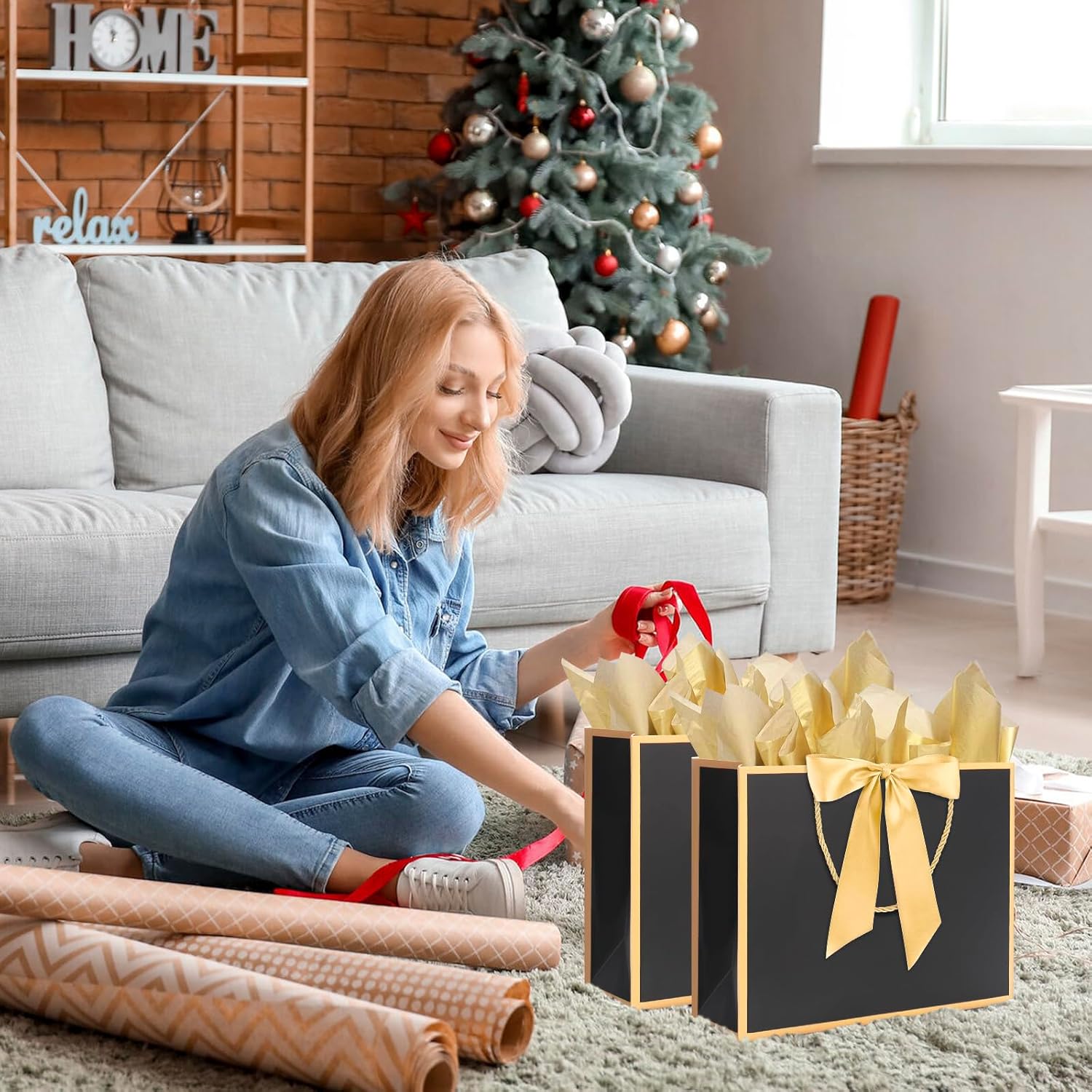 QIELSER 12 pcs Black Gift Bags with Handles 12.6x4.5x10 Inches Large Paper Bags with Bow Ribbon and Tissue Paper Gift Wrap Bags for Birthday Bridesmaid Party Wedding Baby Shower Valentines,Black-Gold - Image 7