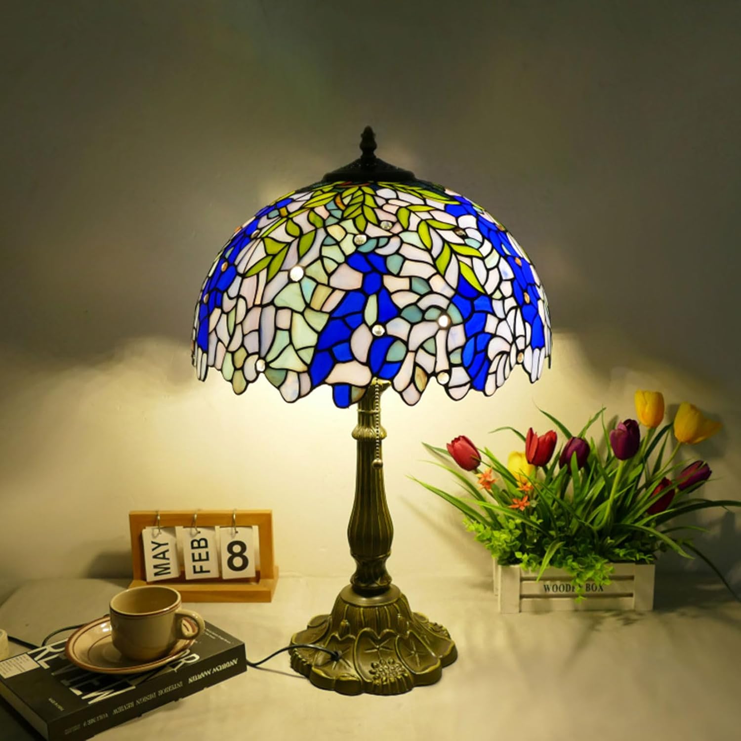 stained glass decor table lamp with blue and white detailing of a wisteria