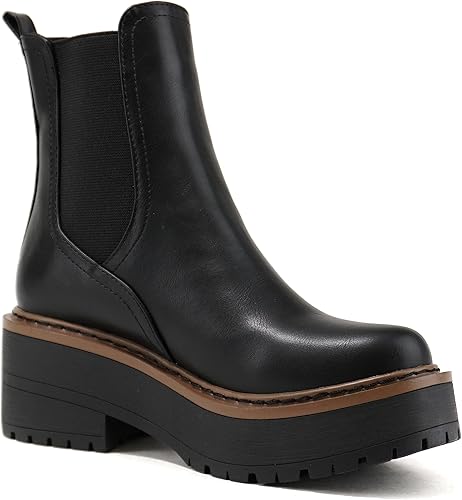 Vista 4 de Soda YOSSI Botines Chelsea con suela gruesa y tacón medio para mujer, doble elástico