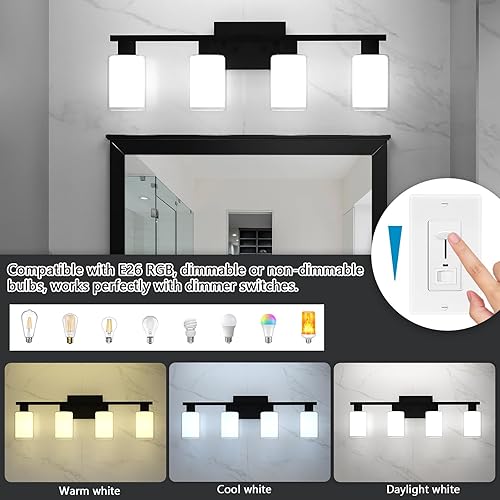 Miniatura 4 de Lámparas de baño sobre espejo, 4 luces de tocador negro mate con cristal blanco y pantalla de vidrio transparente, modernas luces negras para