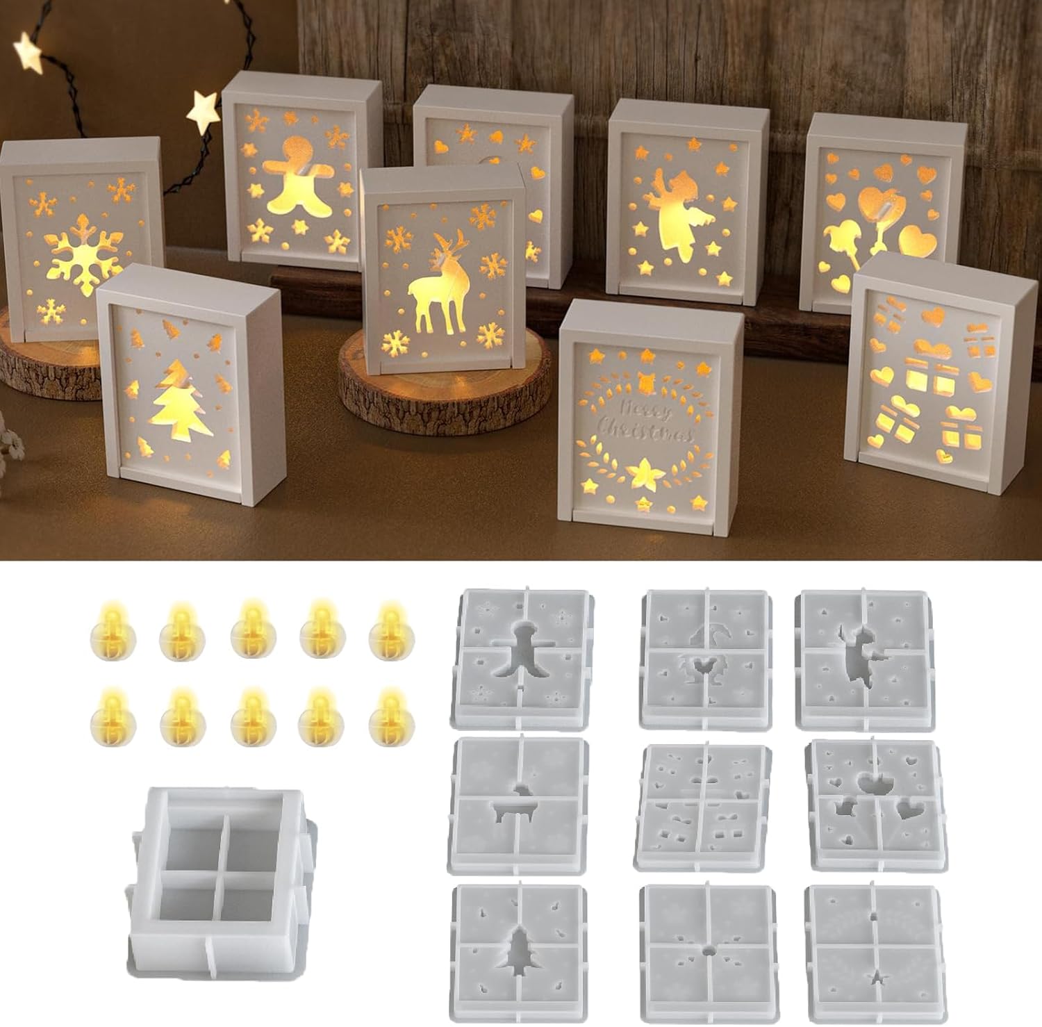 Christmas Gift Box Candle Molds, 10pcs Xmas Decorative Storage Containers Epoxy Resin Molds, Pull-Out Gift Box Silicone Molds for Home Decor Art Craft Present Storage (Mit Light)