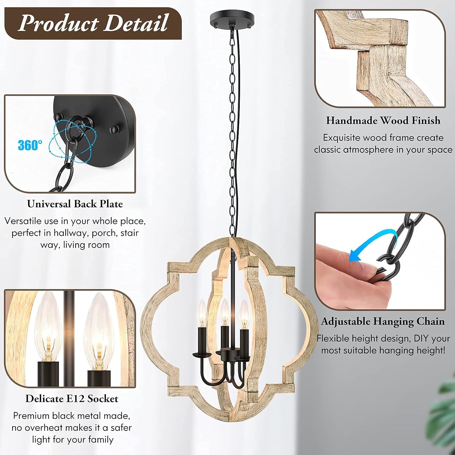 4-Light Farmhouse Chandelier Ceiling Light, Rustic Wood Hanging Light Orb Pendant Chandelier With Adjustable Hanging Chain, Vintage Chandelier For Dining Room Kitchen Foyer Hallway（Bulbs Not Included) - - 