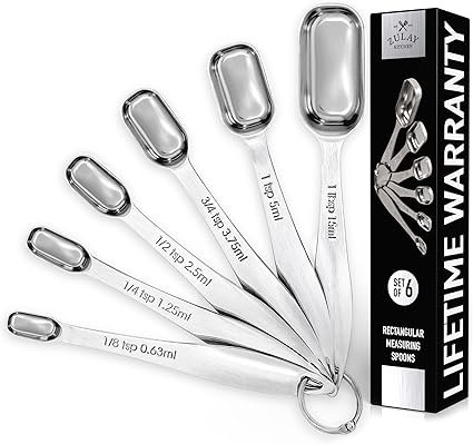 Zulay Measuring Spoons Set - 6 Piece Stainless Steel Measuring Spoons - Easy to Read, Etched Markings & Slim Design for Narrow Spice Jars - Heavy Duty Tablespoon Measure Spoon with Removable Clasp