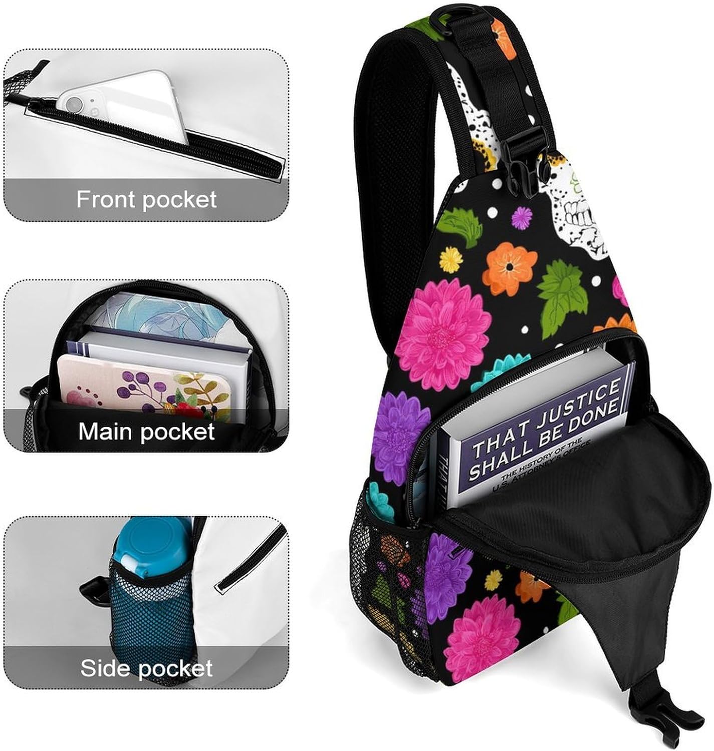 Colourful Skull Flowers Men Crossbody Sling Backpack Chest Bag | Travel Fanny Pack,Hiking Daypack,Print Shoulder Bags