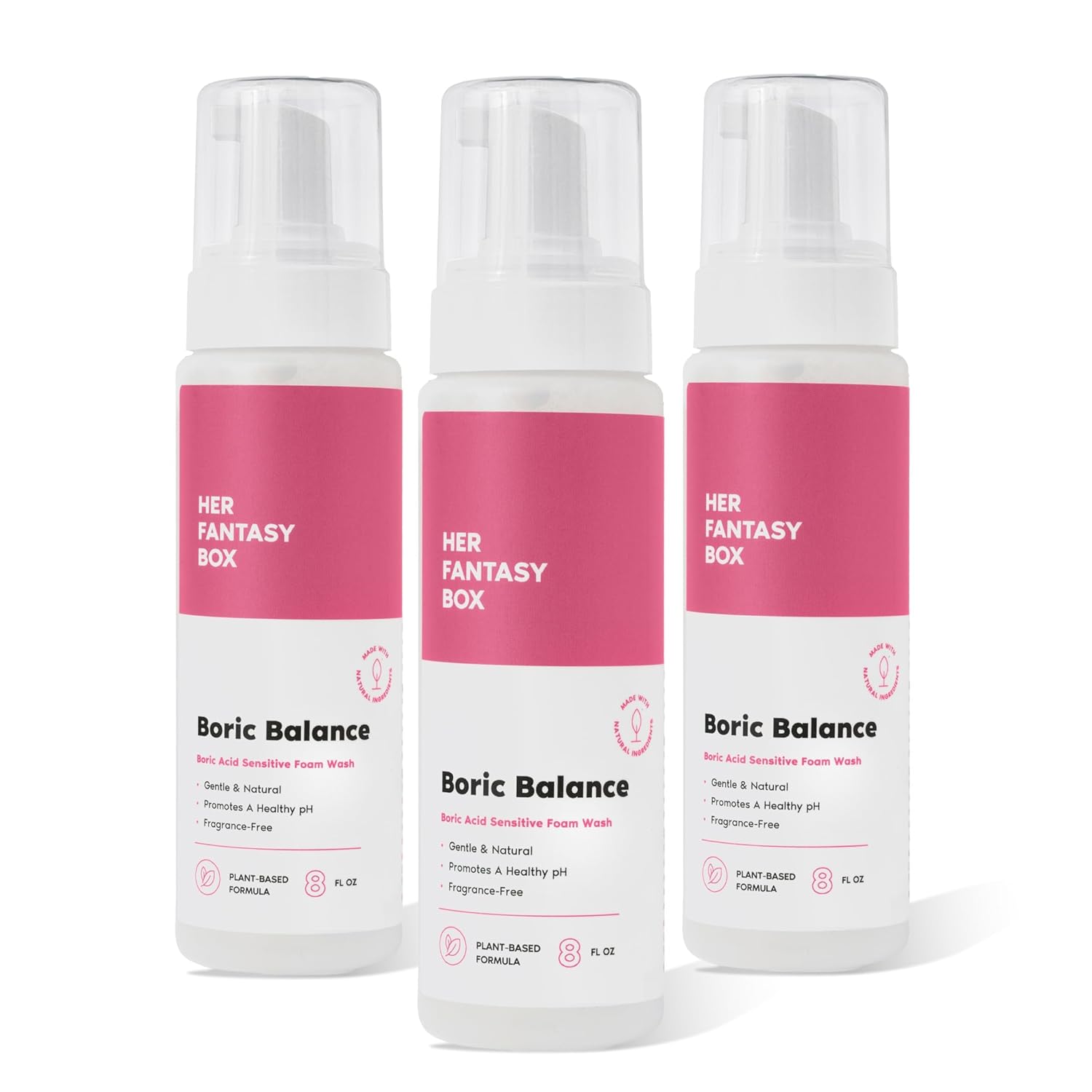 Her Fantasy Box | Boric Balance Yoni Foam Wash, 3 Pack (6 fl oz Each) – Gentle Feminine Hygiene Cleanser for pH Balance, Odor Control & Daily Intimate Care – Plant-Powered & Sensitive Skin Safe
