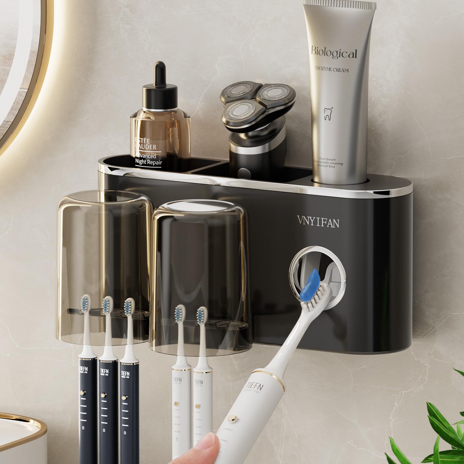 VNYIFAN Toothbrush Holder With Automatic Toothpaste Dispenser - Wall Mounted 4 Slot Bathroom Organizer (Dark Grey)