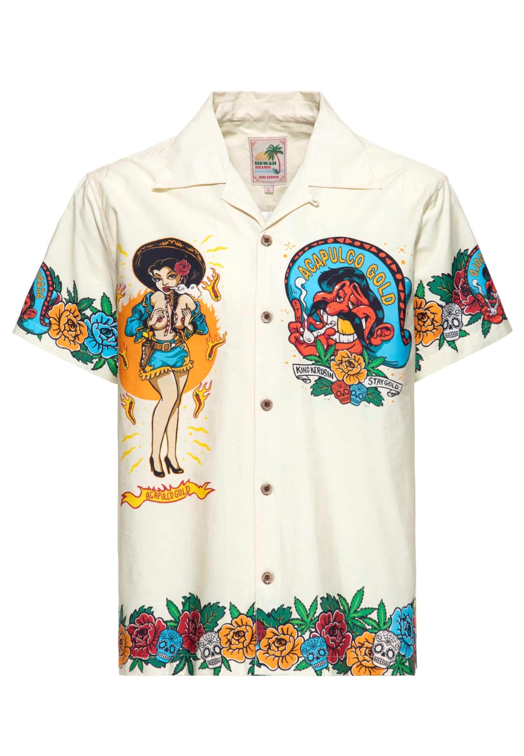 King Kerosin Men's Hawaiian Shirt · Hawaiian Shirt · Artwork · Print · Mexico · Pinup · Retro · Vintage · Rockabilly · 50s · Short Sleeve · Lapel Collar · Biker · Trucker · Acapulco Gold, off-white