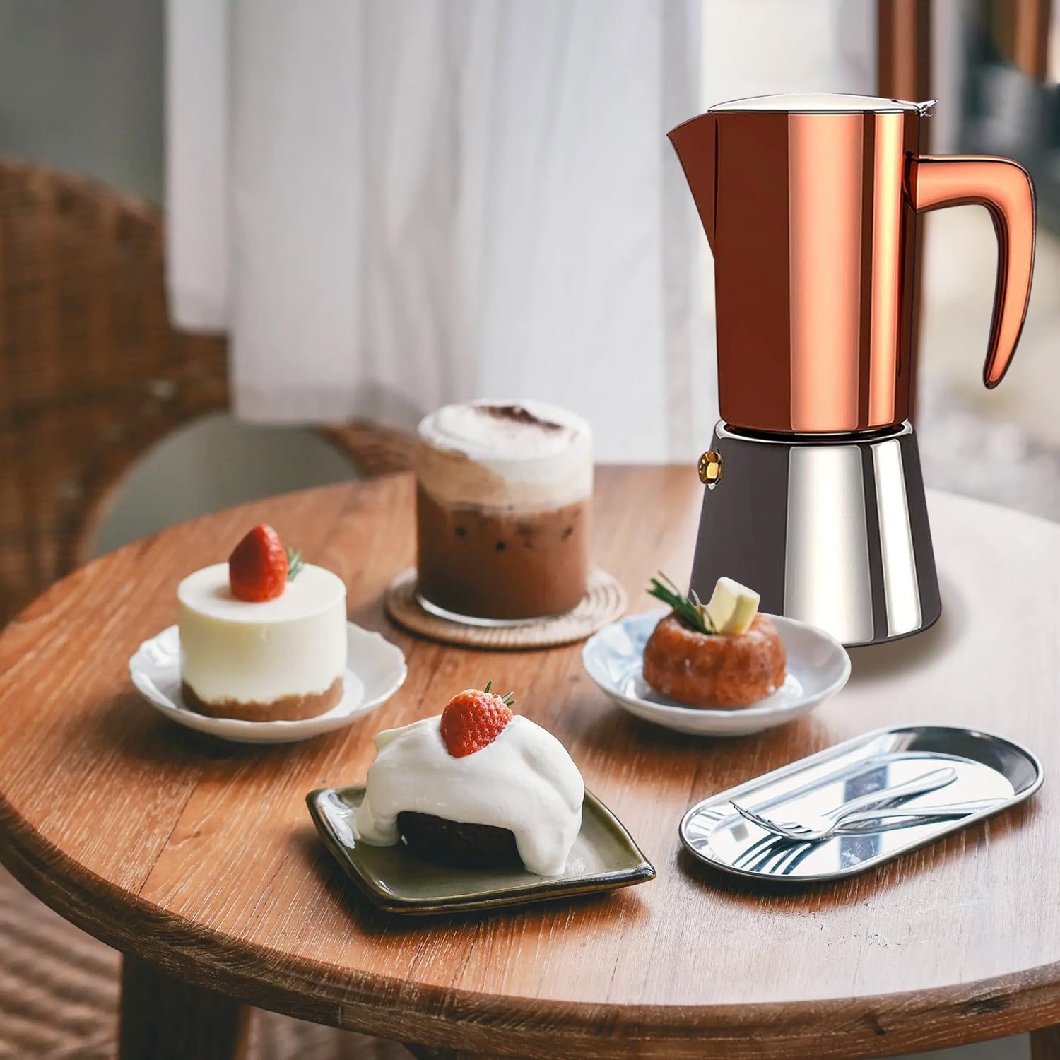 Cafetera italiana para café expreso, cafetera espresso de acero inoxidable para camping o uso doméstico, olla Moka de inducción, 6 tazas (10 onzas/300 ml), color marrón