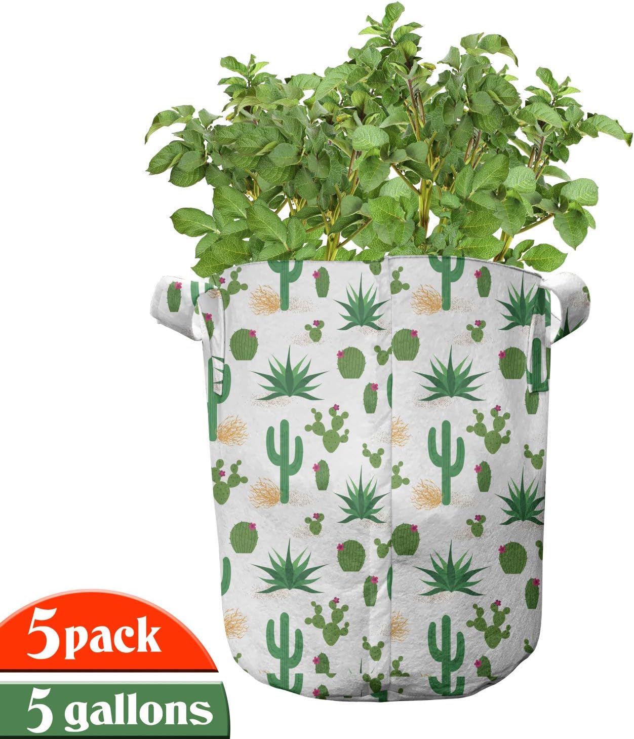 Ambesonne Southwestern Grow Bags 5-Pack, Fun Desert Cactus, Heavyduty Fabric Pots with Handles for Plants, Multicolor
