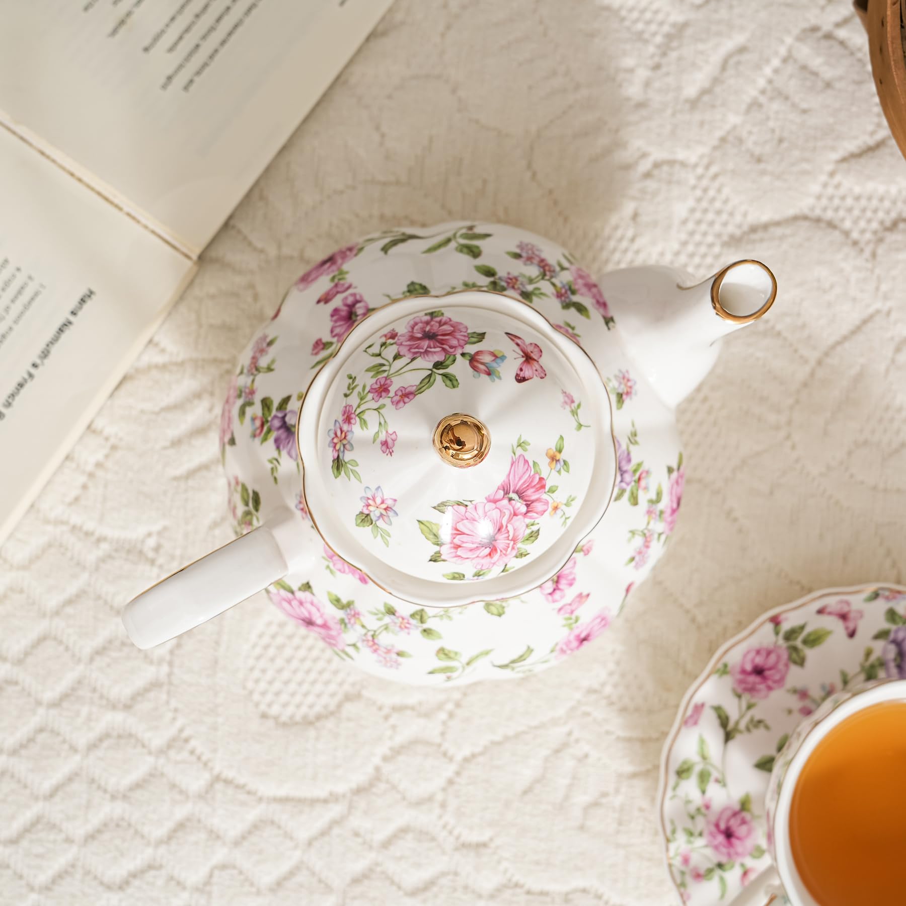 Agyiuns Tetera con flores blancas y grandes, 625 g, porcelana, cerámica, verdadera, 14 x 19 x 14 cm, tetera de hojas sueltas, infusiones de té, juego de fiesta de té