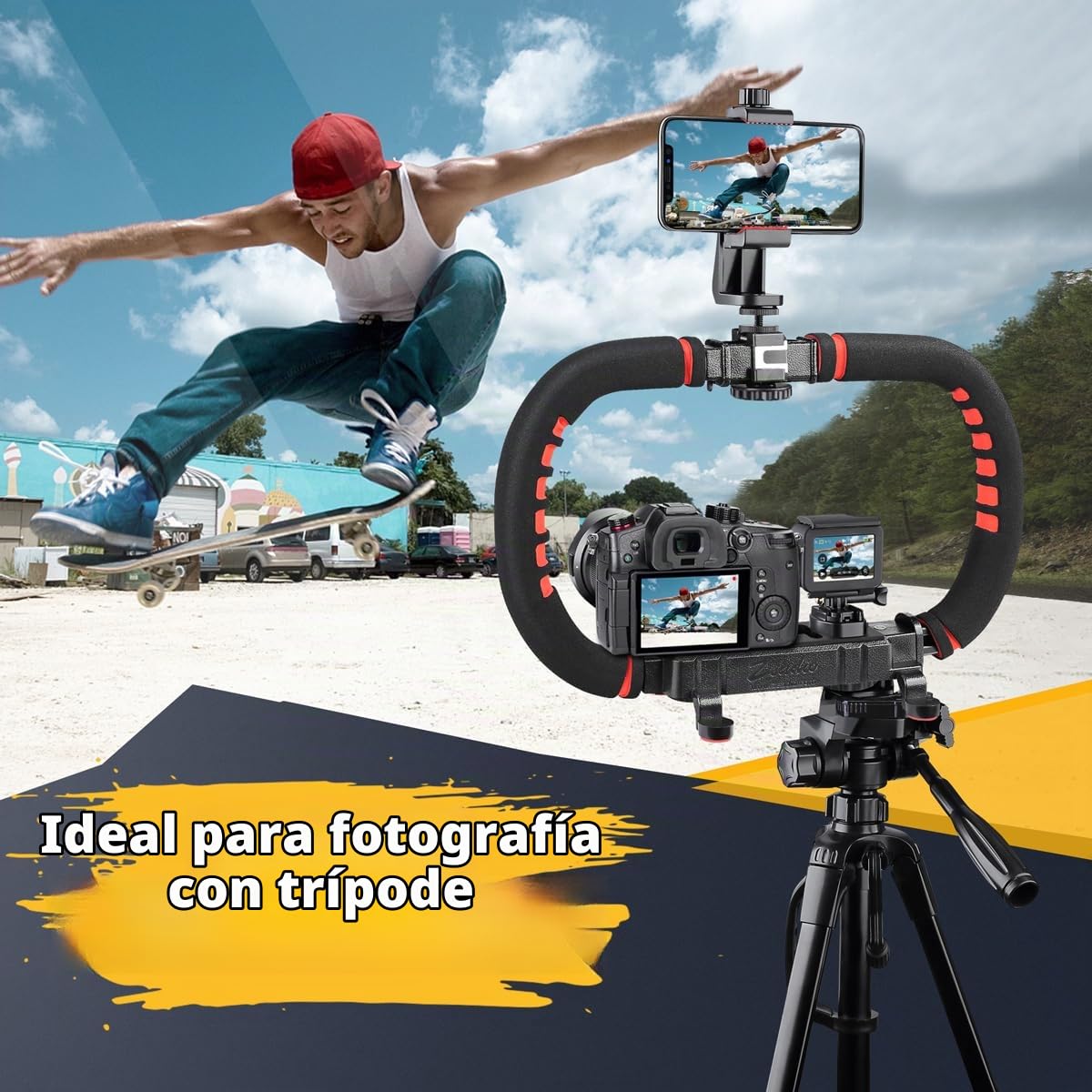 Zeadio Estabilizador de cámara para teléfono Inteligente, Agarre con asa Plegable rig de vídeo portátil con Estuche, Compatible con Todas Las cámaras Todos los teléfonos Inteligentes iPhone y Android
