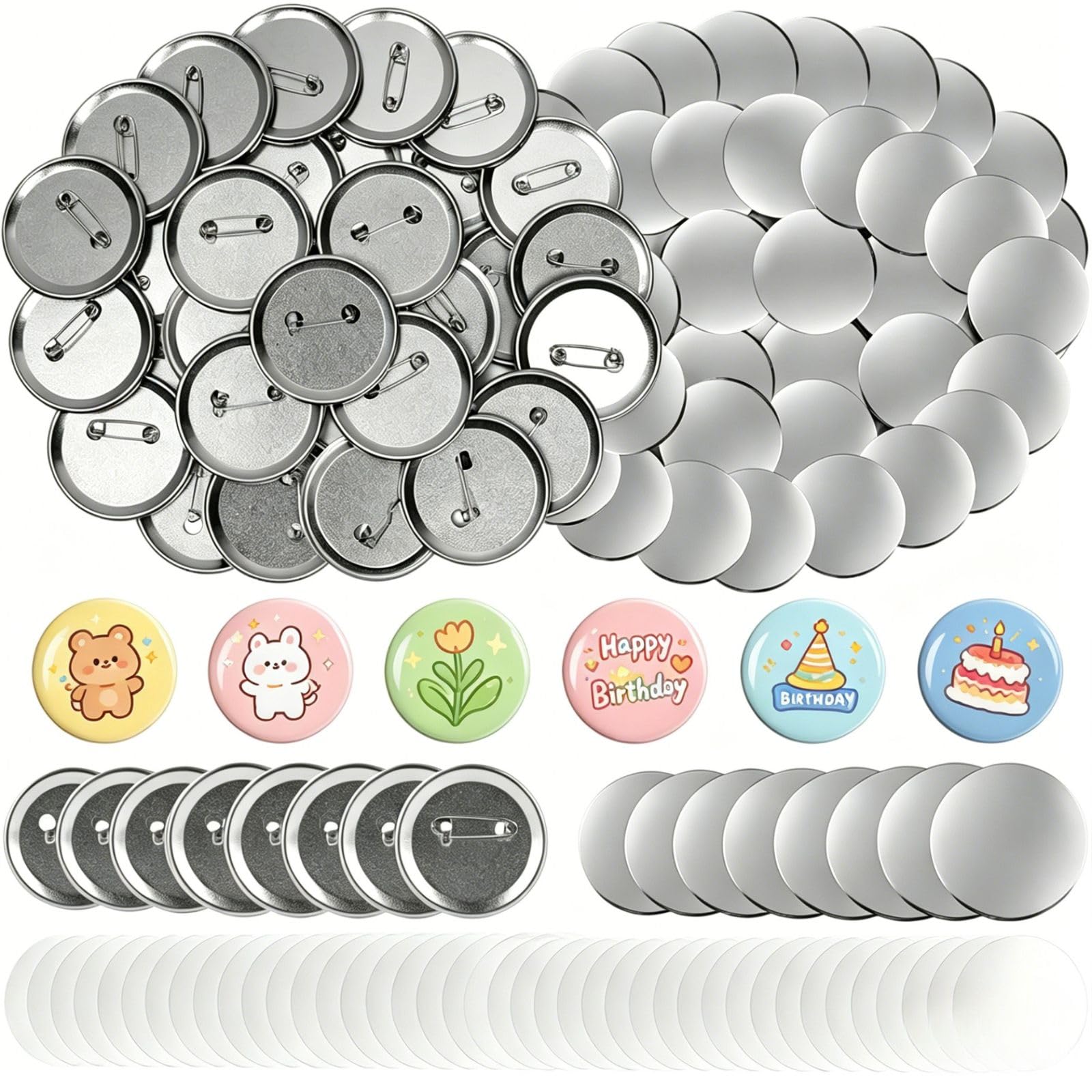 100 Pcs 58mm Metal Blank Button Parts with Clear Mylar Film - Fits Most 2.25 Inch Button Maker Machines, DIY Crafts for Gifts, Souvenirs & Event Favors