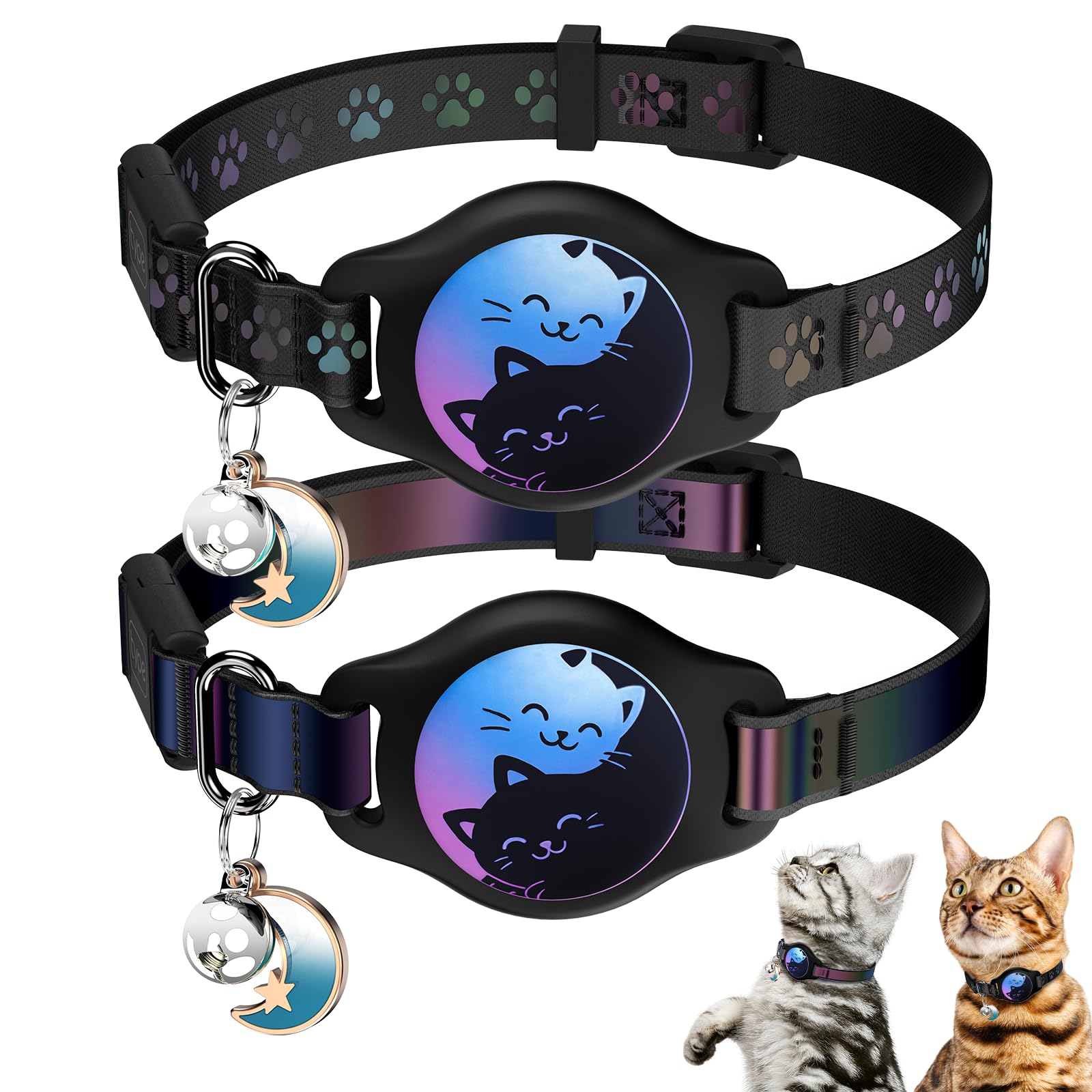 Cat Collar with Airtag Holder, 2 Pack Waterproof Breakaway Kitten Collar for Apple AirTag GPS Tracker, Adjustable Cat Collar with Buckle, Bell & Reflective Pattern for Cats, Kittens, Black (8-11")