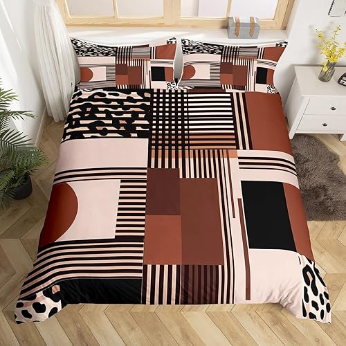 Miniatura 1 de Manfei Juego de funda de edredón geométrica tamaño matrimonial, juego de ropa de cama de 3 piezas con estampado de leopardo a rayas marrones para