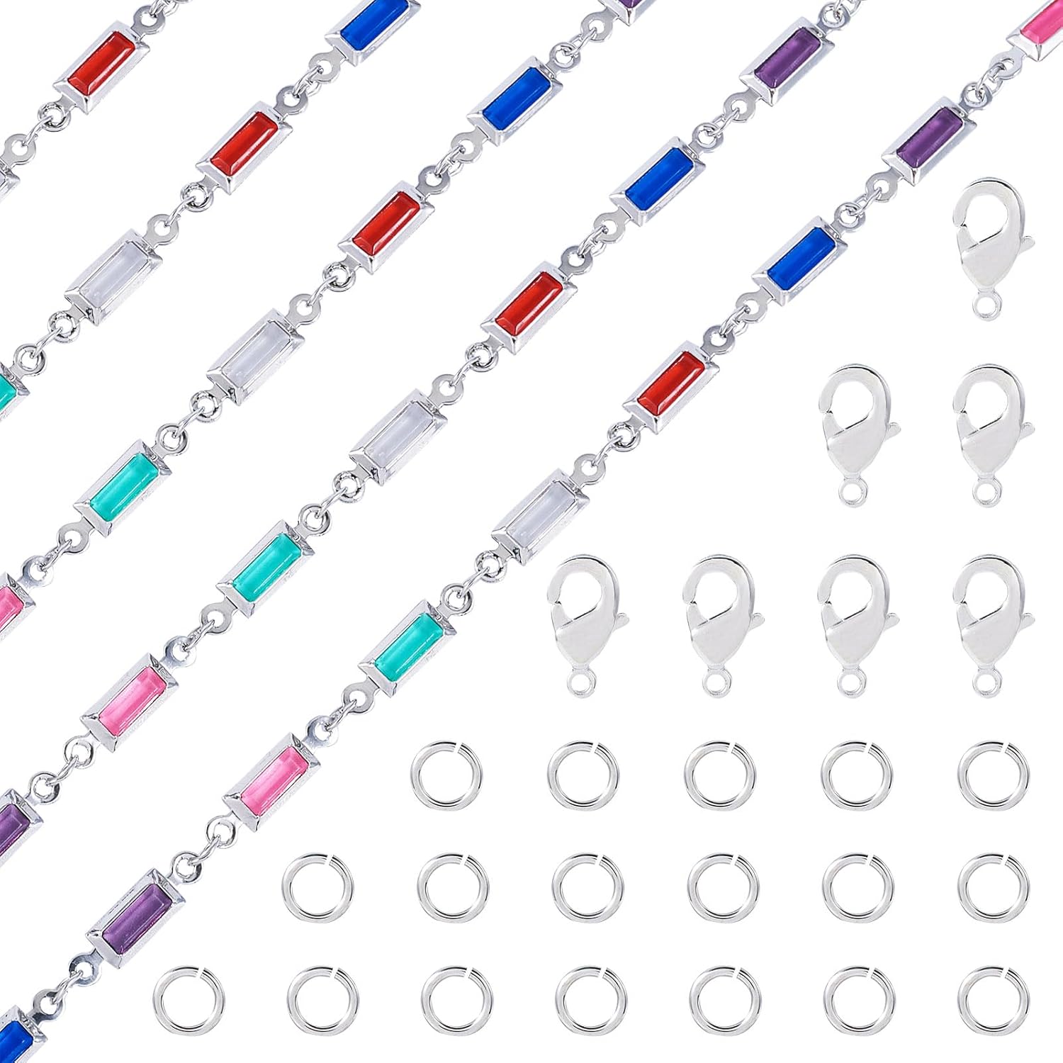 Pandahall 9.84 Feet Rectangle Rhinestone Chains Colorful Glass Crystal Platinum Chains Handmade Crystal Link Chains with Jewelry Clasps for Bracelet Necklace Jewelry Making - Image 7