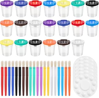 46Pcs Paint Cups with Lids for Kids Painting Set with 20 Paintbrushes & 6 Palettes, 20 No Spill Paint Cups Kids Painting Tools Bristle Brushes for Watercolor, Tempera, Washable, Acrylic, Crafts