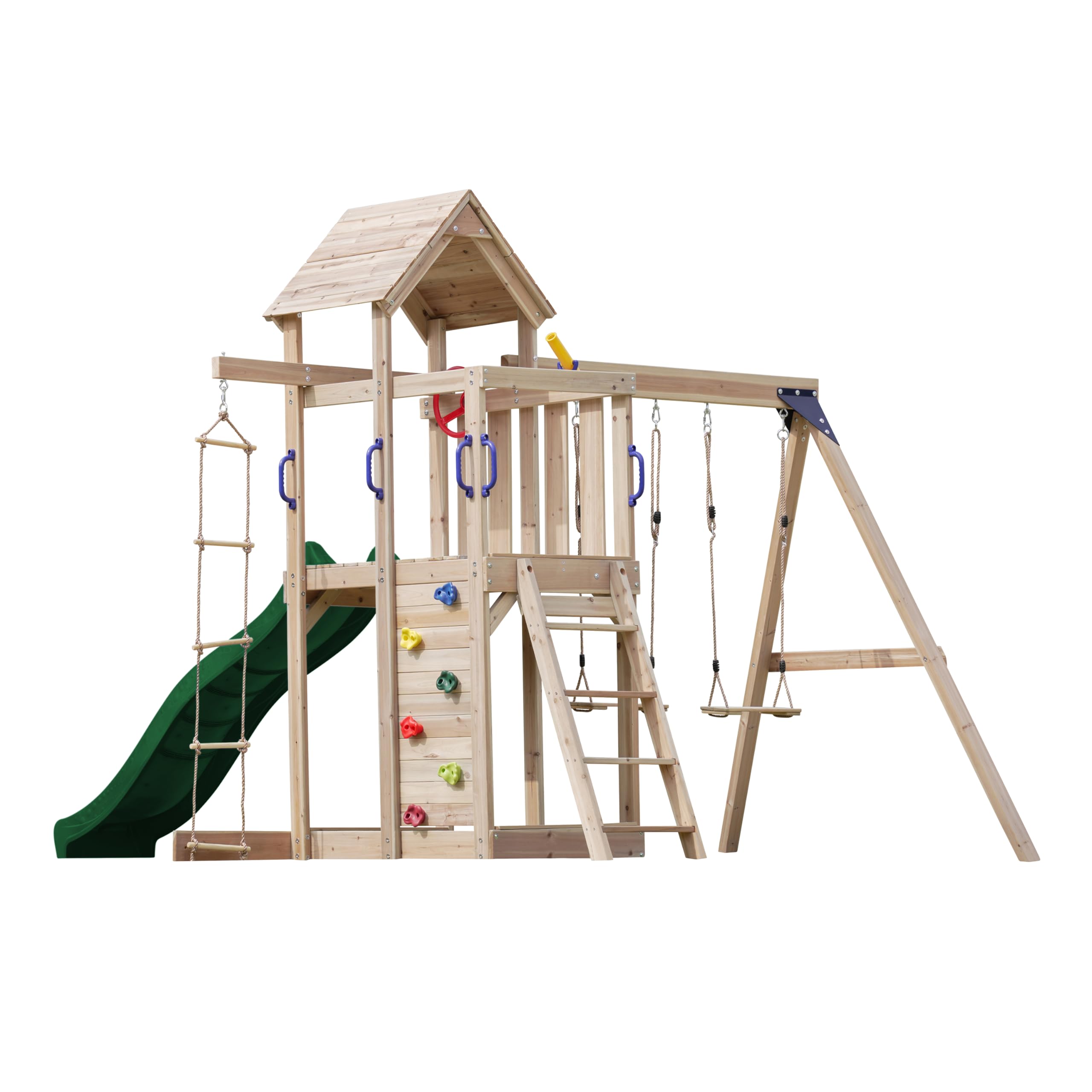 AXI Moos Parque Infantil de Madera con 2 Columpios, Tobogan Gris, Escalera de Cuerda/Parque Infantil al Aire Libre con Columpios/arenero/Pared para trepar | Juegos de Madera al Aire Libre AXI Moos Parque Infantil de Madera con 2 Columpios, Tobogan Gris, Escalera de Cuerda/Parque Infantil al Aire Libre con Columpios/arenero/Pared para trepar | Juegos de Madera al Aire Libre