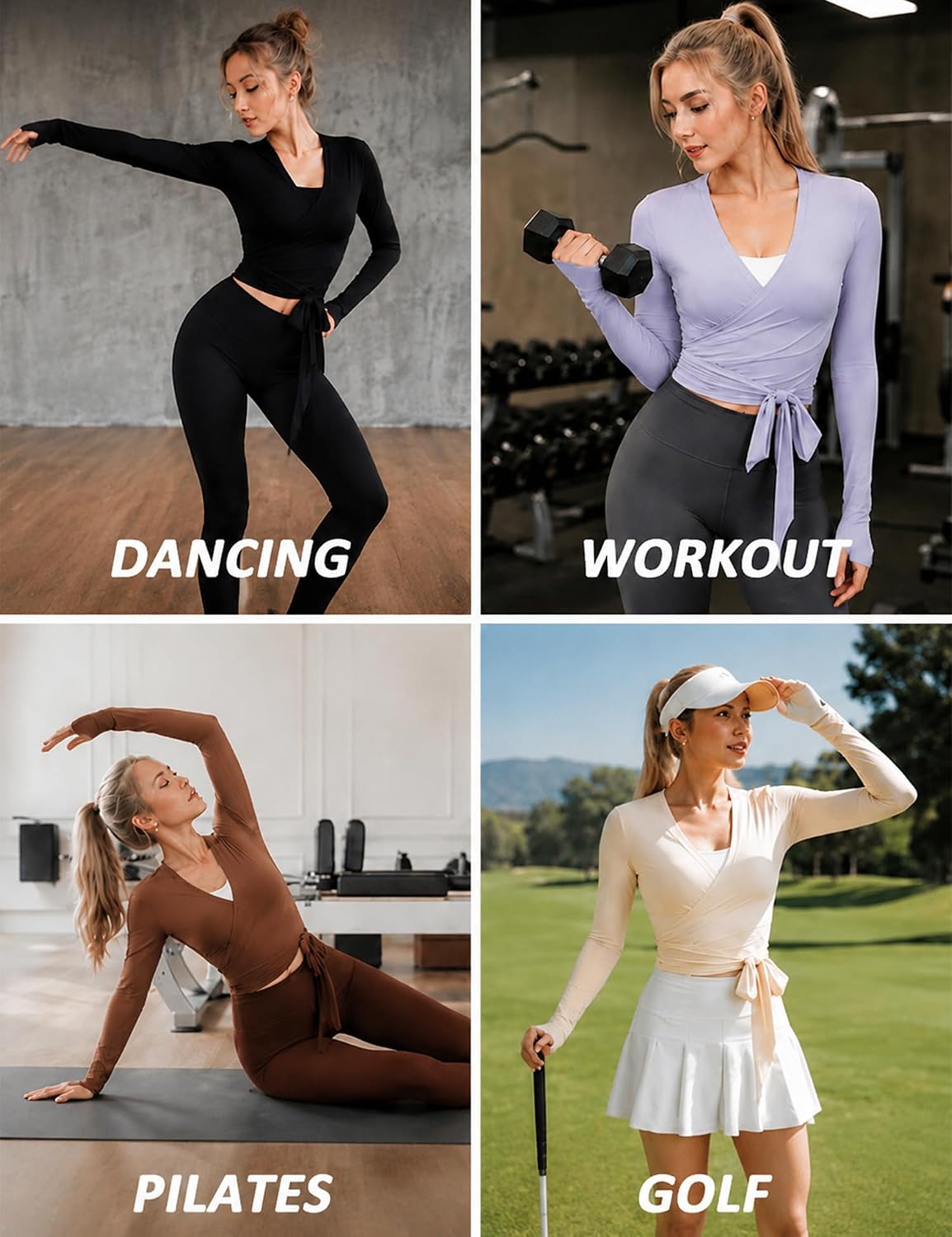 Loovoo Womens Ballet Wrap Top Long Sleeve Thumbholes Pilates Dance Shirt