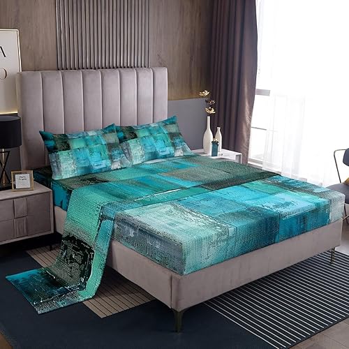 Erosebridal Juego de sábanas de color azul marino degradado Grunge azul, juego de sábanas de tamaño matrimonial, sábanas abstractas de acuarela con