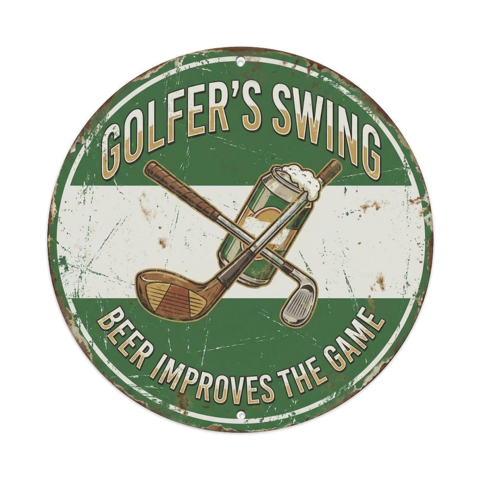 Retro Bar Style Golfer Swing Garage Beer Metal Tin Sign Plaque Wall Decor for Cafe, Club, Garden Round Metal Poster 8x8Inch