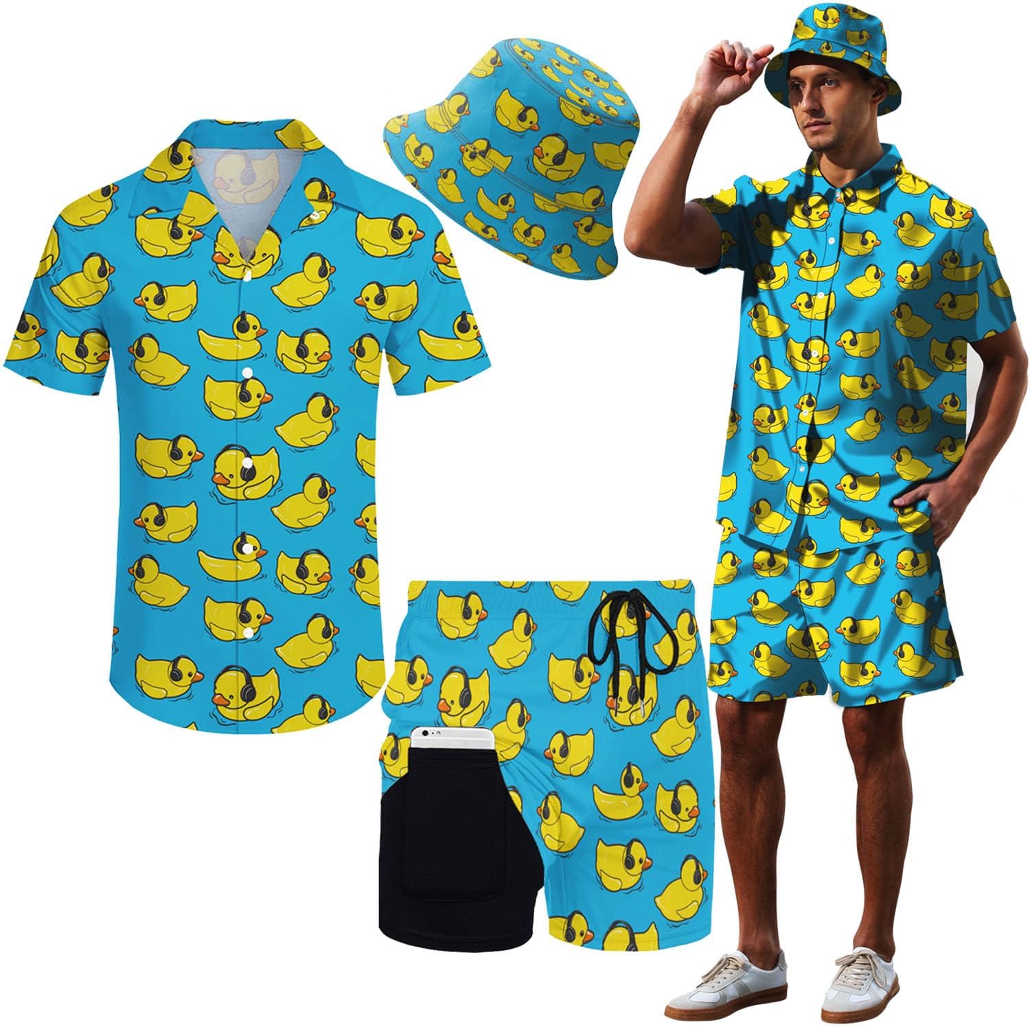 POKMHawaiian MenS 2 Piece Outfits Rave Duck Shirts Shorts Outfits Tropical Set with Hat