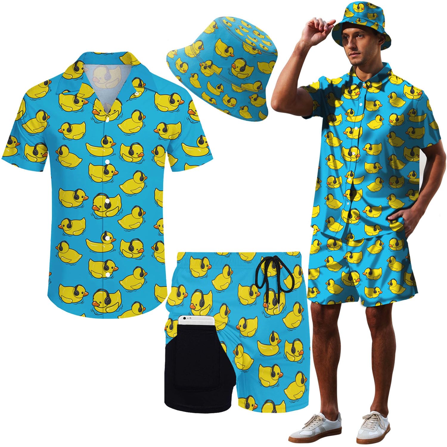 POKMHawaiian MenS 2 Piece Outfits Rave Duck Shirts Shorts Outfits Tropical Set with Hat