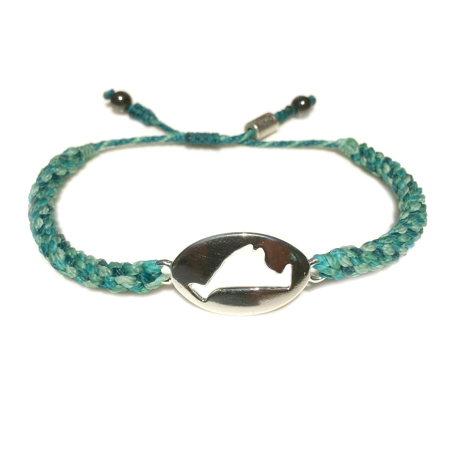 Martha's Vineyard Bracelet for Men and Women with Aqua Hand-Knotted Rope Island Map and Hematite Stones: Handmade Drawstring Adjustable Sailor Surfer Beach Jewelry by Rumi Sumaq