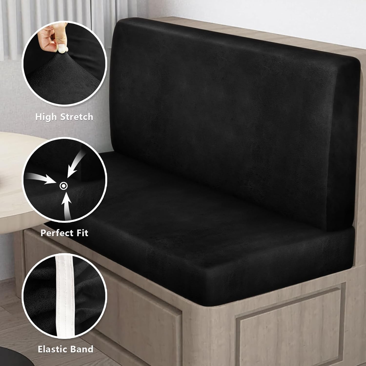 Leather Look RV Dinette Cushion Covers, Stretch Camper Cushion Slipcovers for Travel Trailer Couch RV Booth Seat, Replacement Camper Sofa Chair Protector (2 Backrest Cover & 2 Bench Cover,Black)
