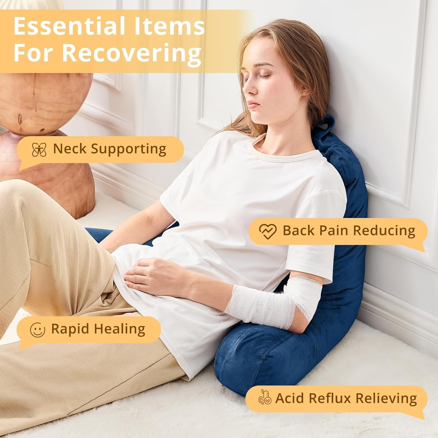 Sasttie Reading Pillow, Velvet Back Pillow for Bed Sitting Up, Adult Back-Rest Support Cushion with Arms for Sit Up on Couch, Sofa, and Floor, Dorm Essentials, Reading Accessories, Navy