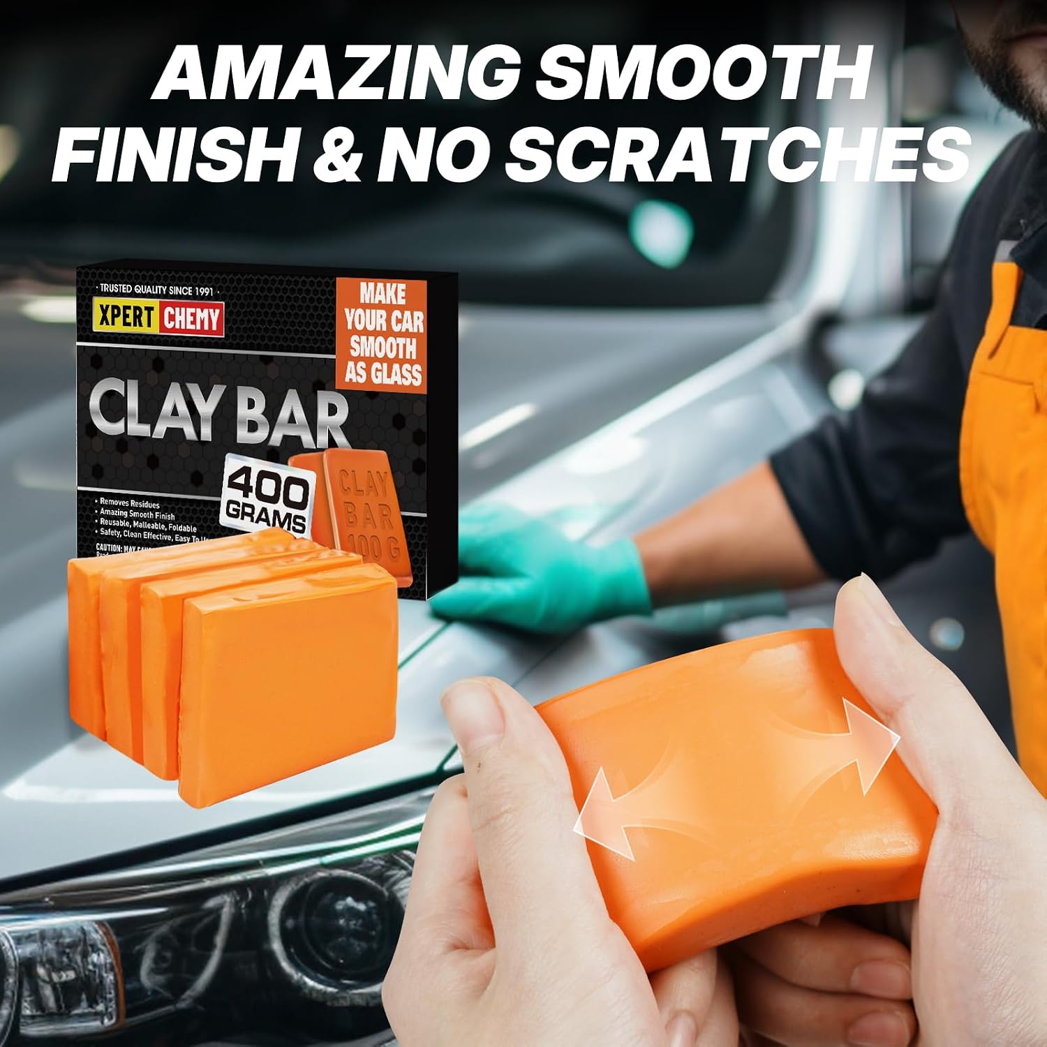 XPERTCHEMY Car Clay Bar 4 Pack 400g(4x100g), Auto Detailing Premium Grade No Scratch Magic Clay Bars Cleaner Kit with Washing and Adsorption Capacity for Car Auto SUV, RV, Truck, Orange
