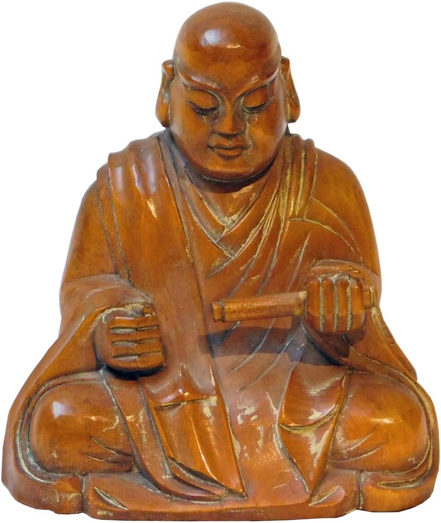 orientliving Wood Carved Lo Han Monk Statue in Deep Meditation Praying Position