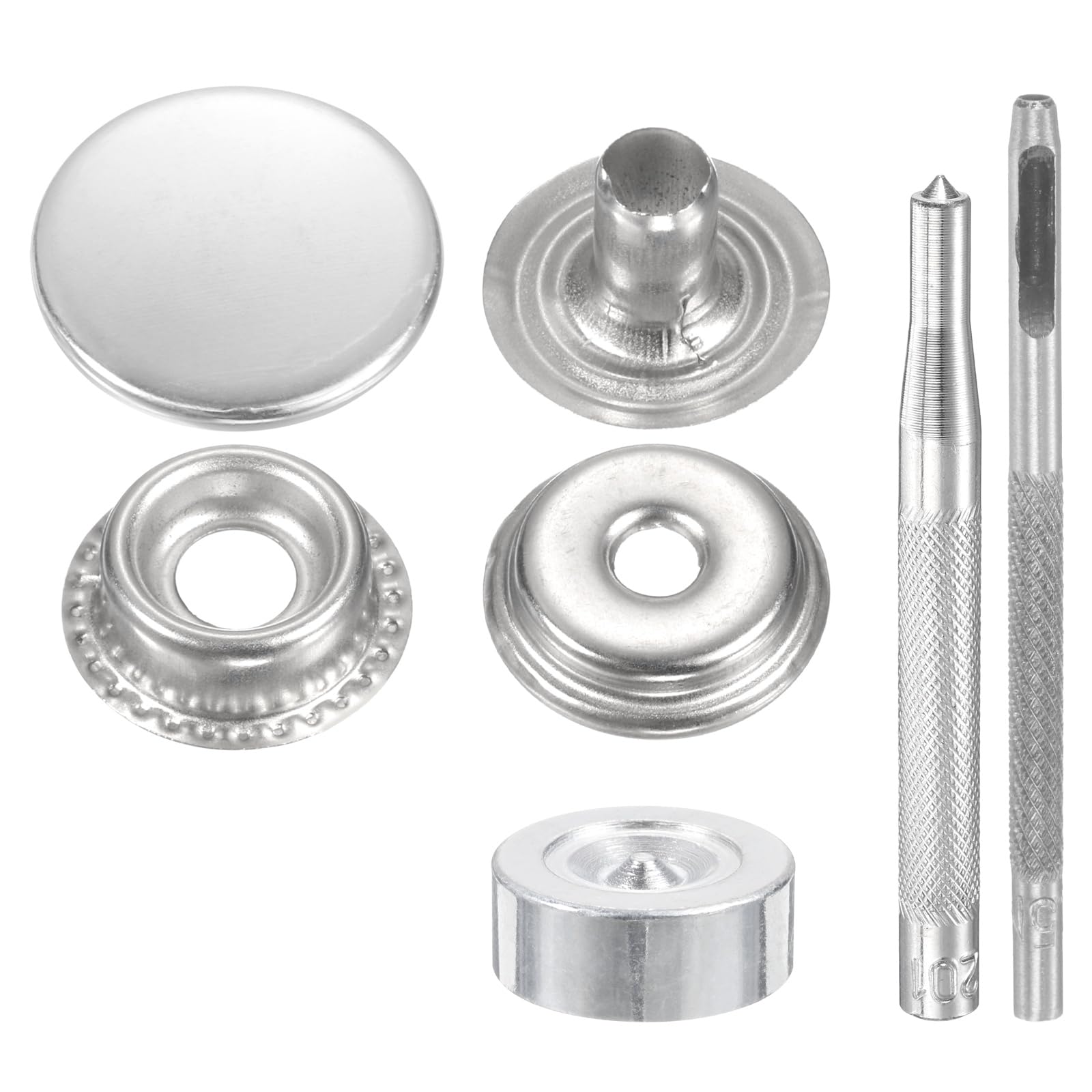 sourcing map 24Set Leather Snaps Fasteners Kit 15mm Dia Brass Press-Stud Cap Button 3.35" Length Metal Snap Buttons with 4 Install Tools for Coat Bag Leather Marine Boat Canvas, Silver
