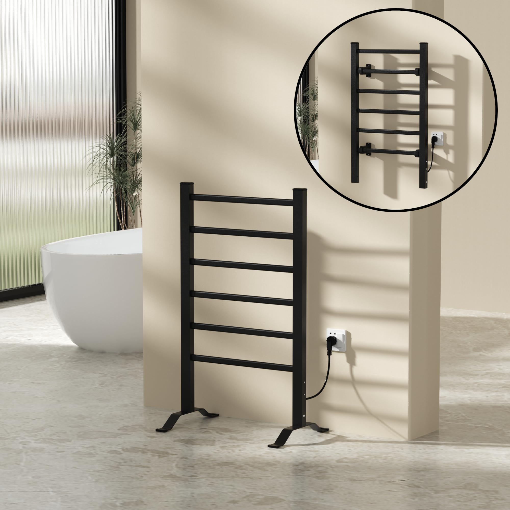 pro.tec Radiador Toallero Eléctrico de Pared o Indepediente Secatoallas para Espacios Reducidos con 6 Barras 100W IP24 Temporizador de 2 o 4 Horas Aluminio 85 x 55 cm - Negro
