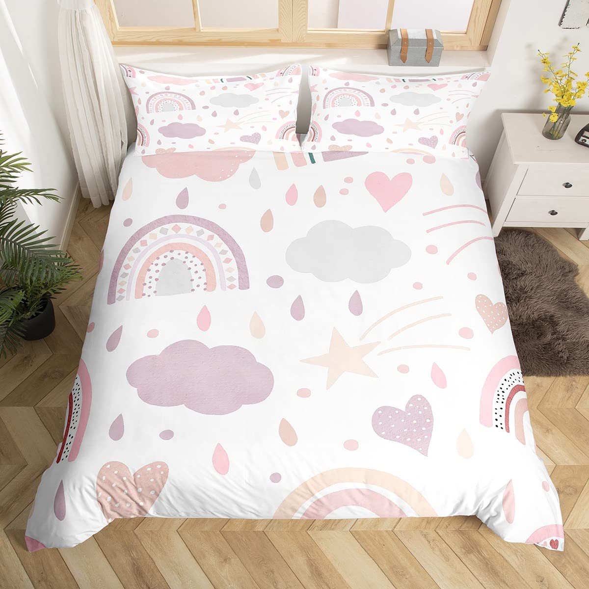 Set di biancheria da letto carino arcobaleno set di biancheria da letto a strisce colorate per bambini ragazzi ragazze stelle cuore amore decorazione trapunta set microfibra copriletto copertura natu