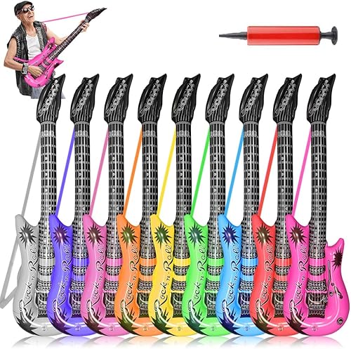 Guitarra inflable con correa, 9 colores de 35 pulgadas, juego de guitarra eléctrica inflable para fiesta temática de carnaval de los años 80 y 90,