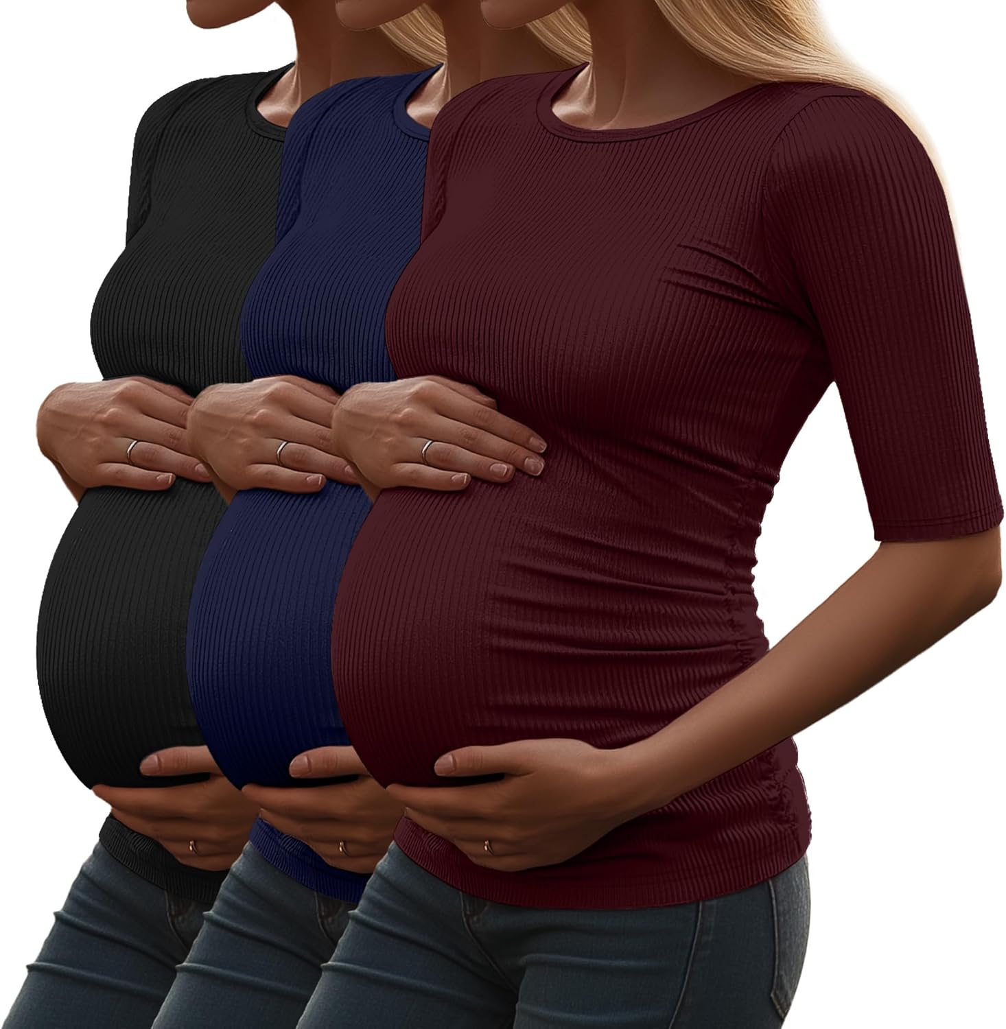 Riyiper 3 Pack Women's Maternity Cotton T Shirt Ribbed Half Sleeve Tunic Round Neck Side Ruched Tops Casual Pregnancy Clothes