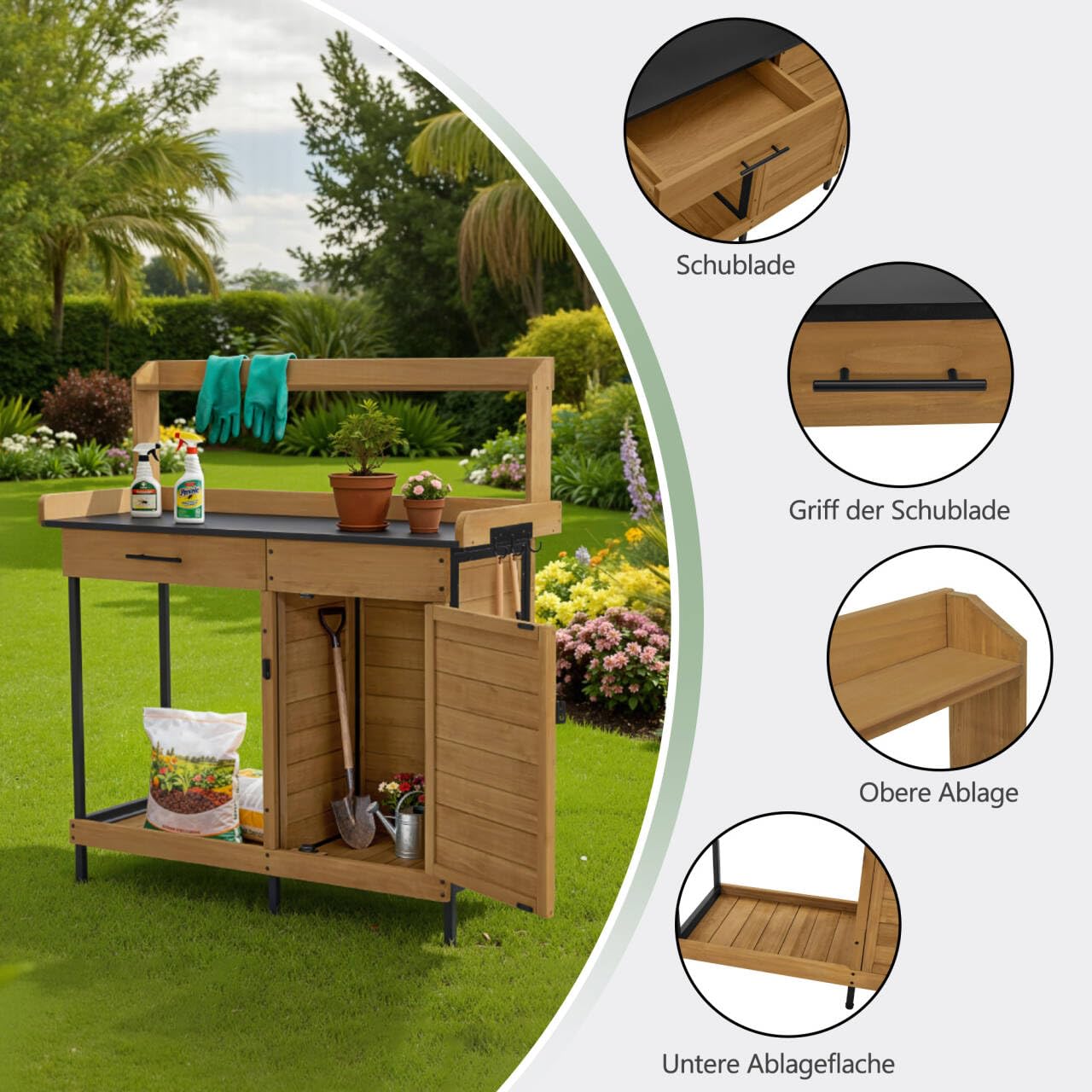 M MCombo Pflanztisch mit Schublade, Ablage, Verzinkter Arbeitsplatte & Schrank, Gärtnertisch Wetterfest mit 3 Haken, Blumentisch Massivholz für Garten, Balkon & Terrasse, 2049 (Natur)