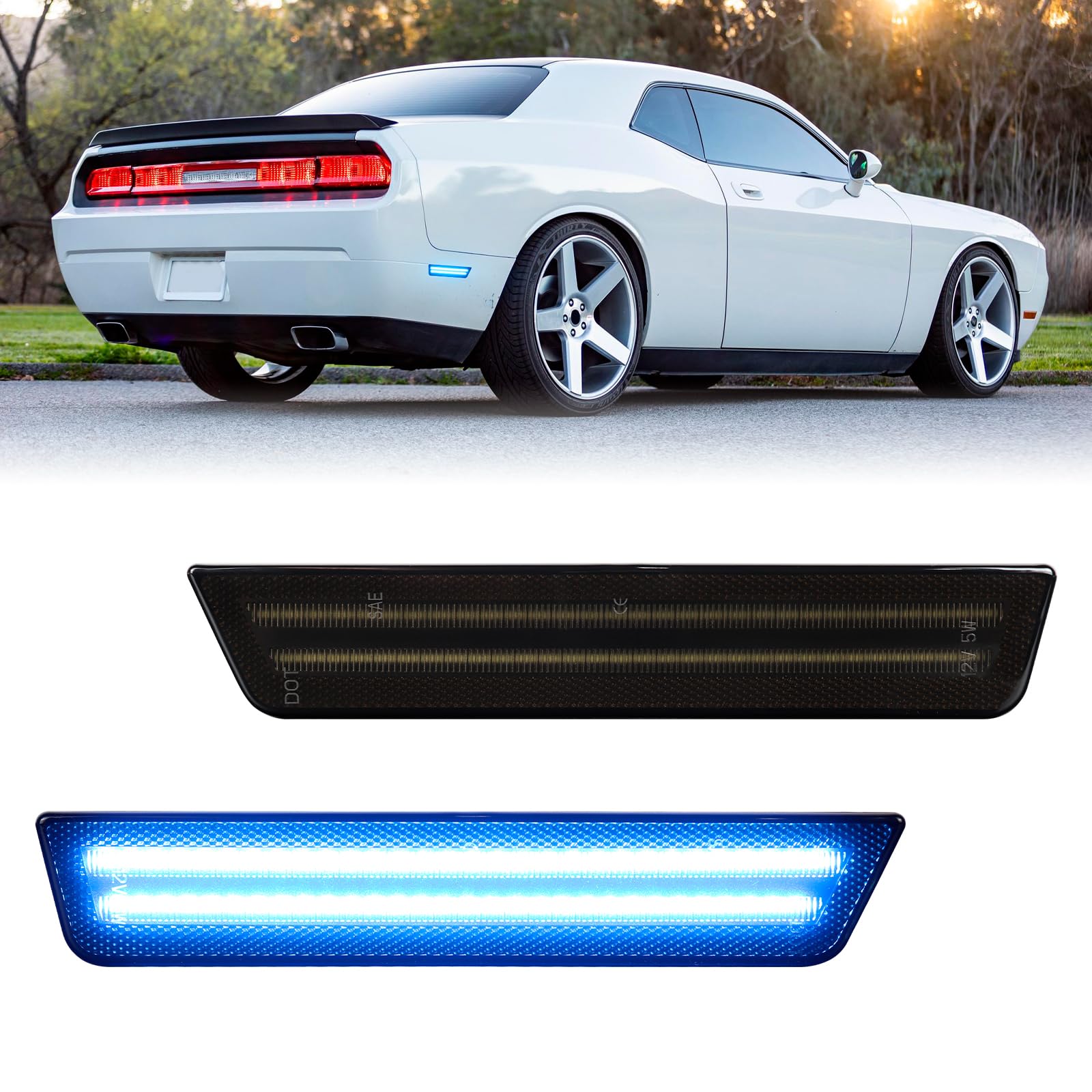 Luces de marcador laterales LED azules con lente ahumada para Dodge Challenger 2008-2014 Dodge Charger 2011-2014, reflectores de marcador de parachoques trasero, 2 unidades