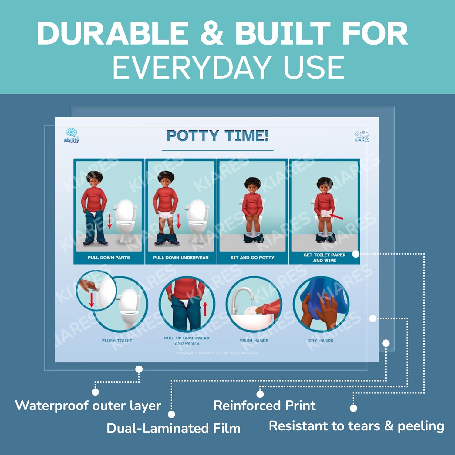KIARES Potty Training Chart for Toddlers, Visual Bathroom Routine Poster for Kids, Helps Children Gain Independence & Confidence, Toilet Training (African American Boy)