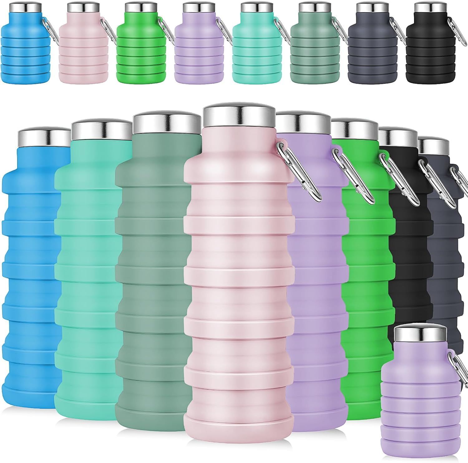 TESIN 8 Pcs Collapsible Water Bottles Bulk 500 ml Reusable Silicone Foldable Water Bottles Portable Lightweight Sports Water Bottle with Carabiner for Gym Hiking Camping Travel
