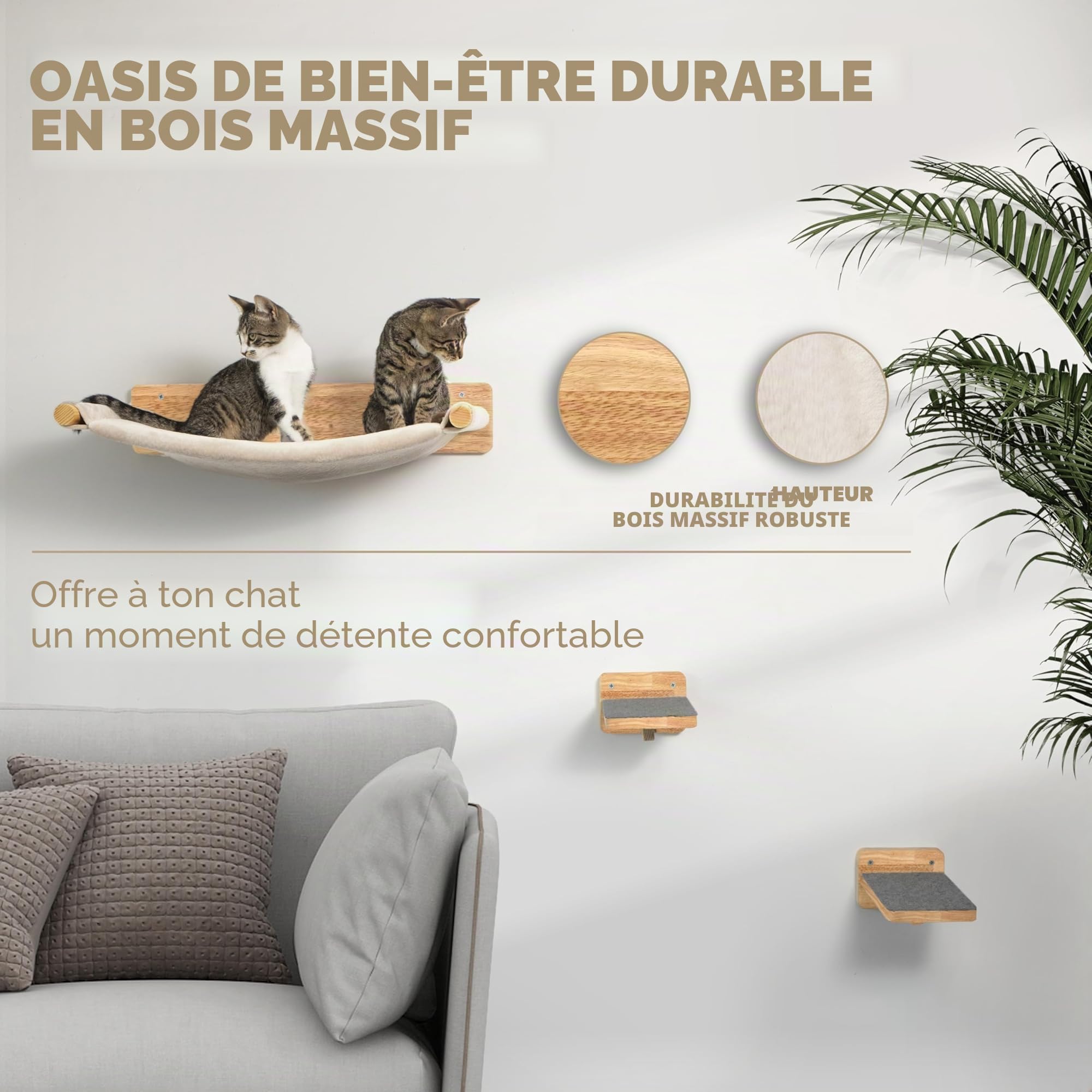 WOOWOOD® Mur d'escalade pour chats avec 2 escaliers muraux en bois massif - Hamac pour chat - Arbre à chat - Meubles pour chats