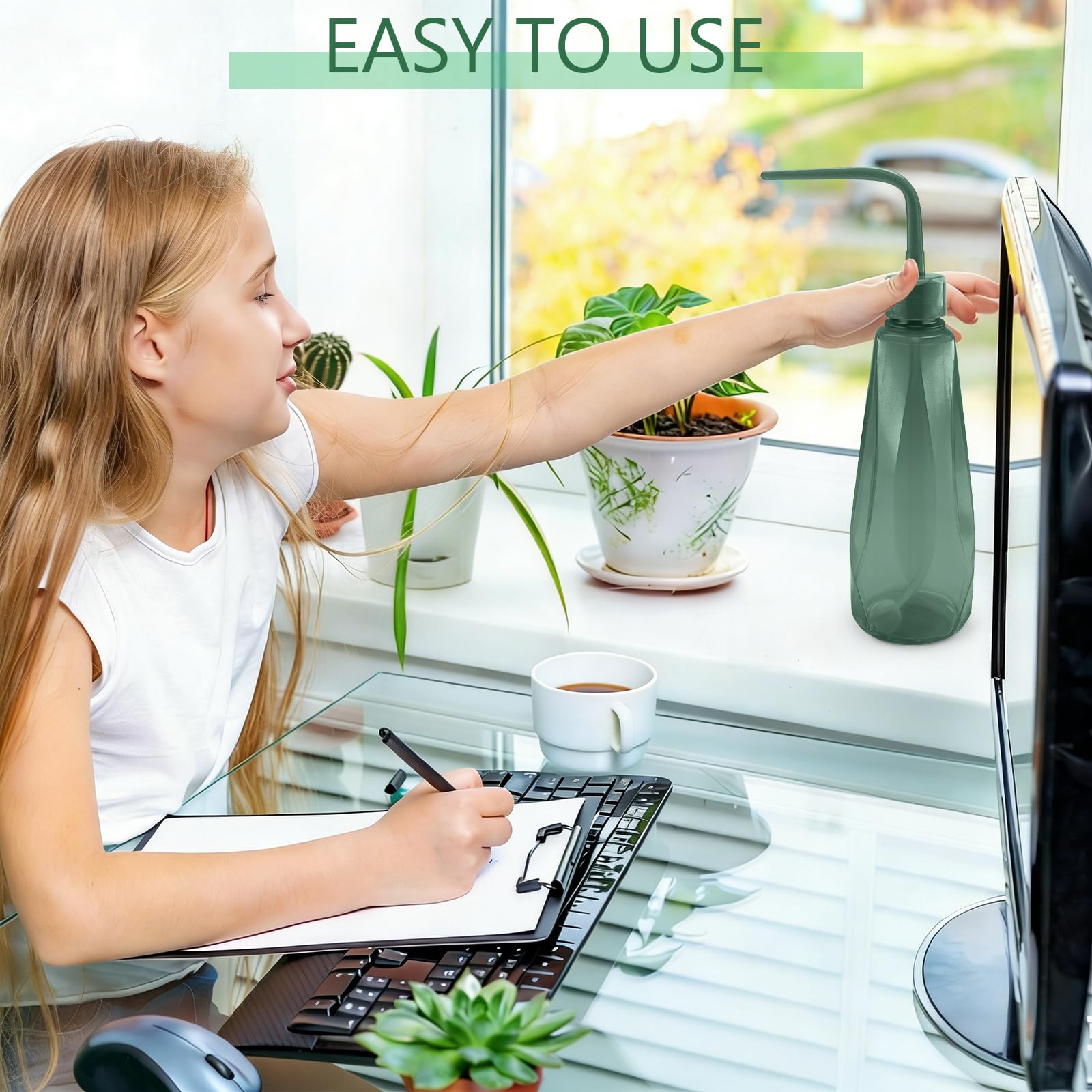 480ml Regadera para Plantas de Interior, Regadera Pequeña con Pico Largo para Bonsáis, Suculentas y Semilleros, Dispositivo de Riego con Bola de Gravedad de 360°, 3 Colores (Verde Gris)