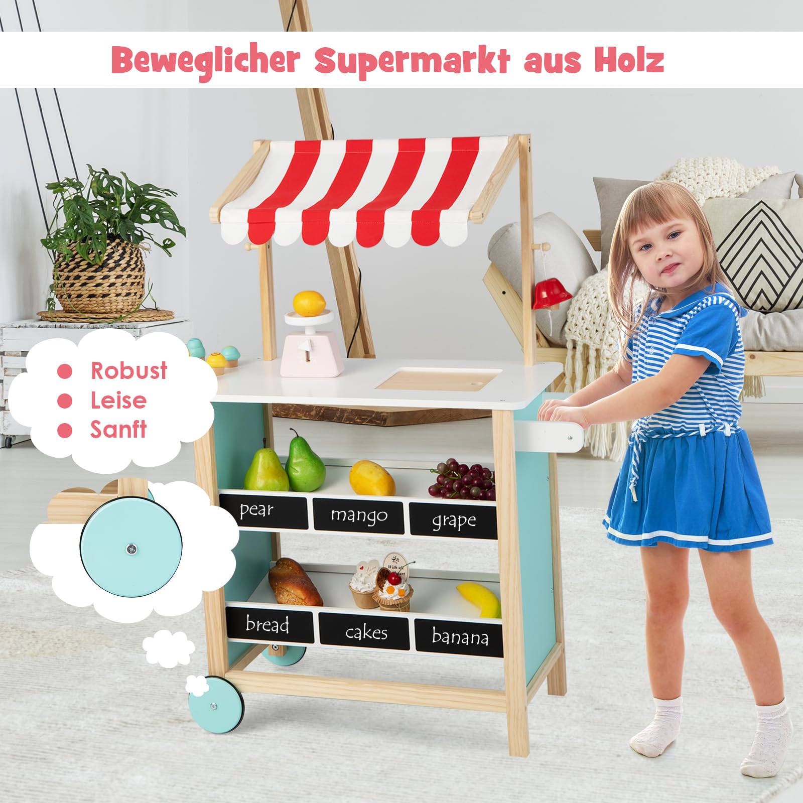 DREAMADE Kinder Eiswagen mit 6 Spielzeug-Eiscreme, Kaufladen aus Holz mit 2 Rädern und Markise, Einkaufsladen für Kinder ab 3 Jahren (Rot)