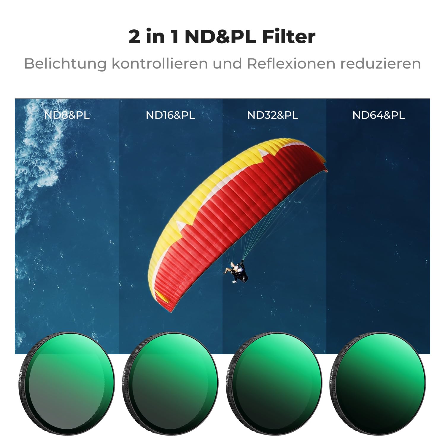 K&F CONCEPT ND&PL Filter-Set für DJI Osmo Action 6, 4er-Pack ND8&PL ND16&PL ND32&PL ND64&PL Hybrid-Neutraldichtfilter Polarisationsfilter für Actionkameras, Mehrfach Beschichtetes HD-Optikglas