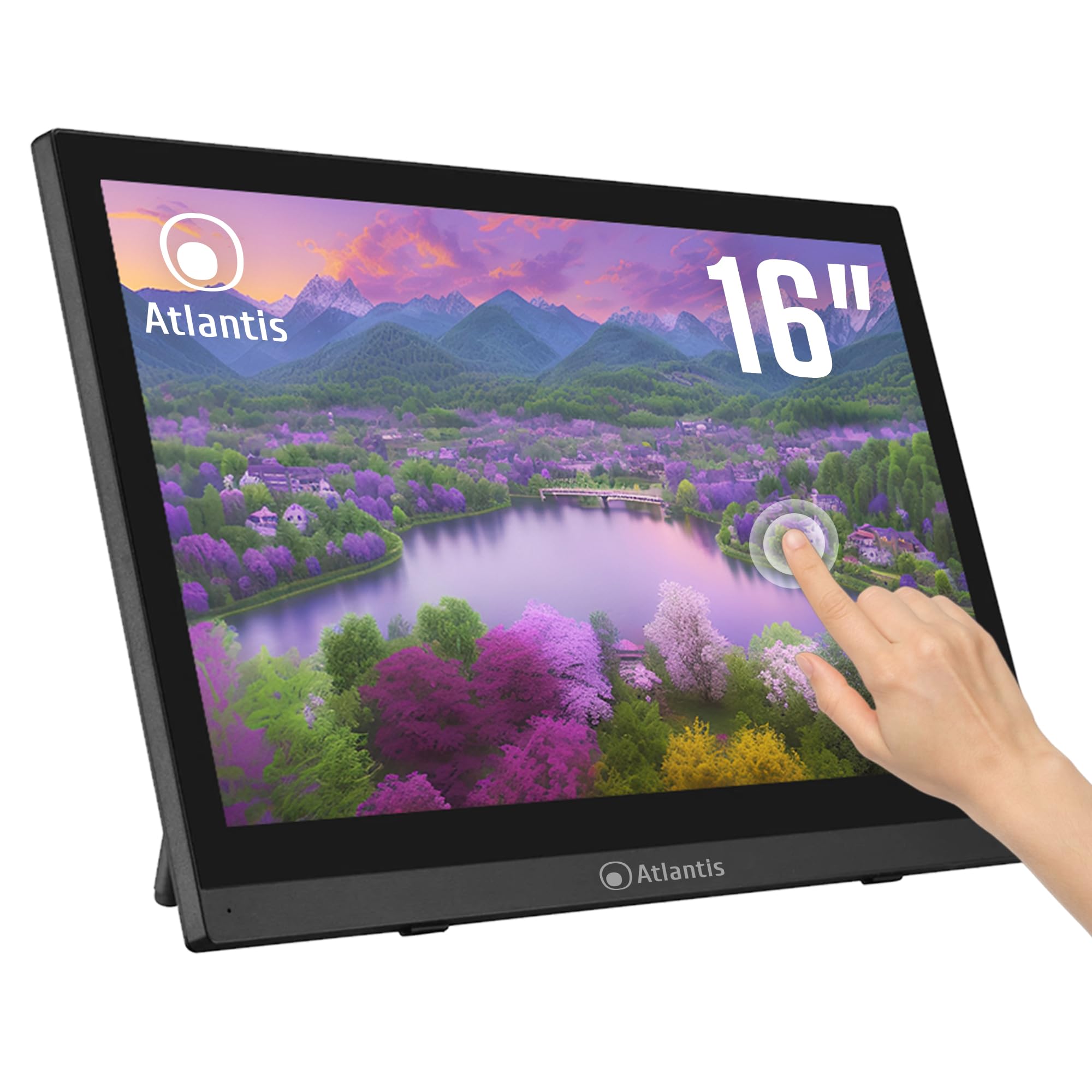 Atlantis A05-​T16A-​VHM Monitor Touch 16 pollici, schermo 16", Touchscreen 10 tocchi, Full HD 1920x1080, HDMI VGA, inclinabile 15°-​50°, Vetro Protettivo 7H, Contrasto 800:​1, Angolo 170/​170,​Vesa 75