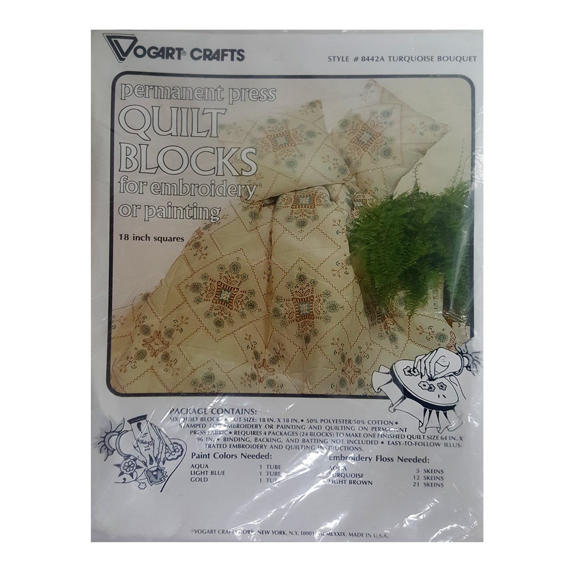Vogart Crafts Quilt Blocks for Embroidery or Painting (6) 18 Squares 8442A Turquoise Bouquet