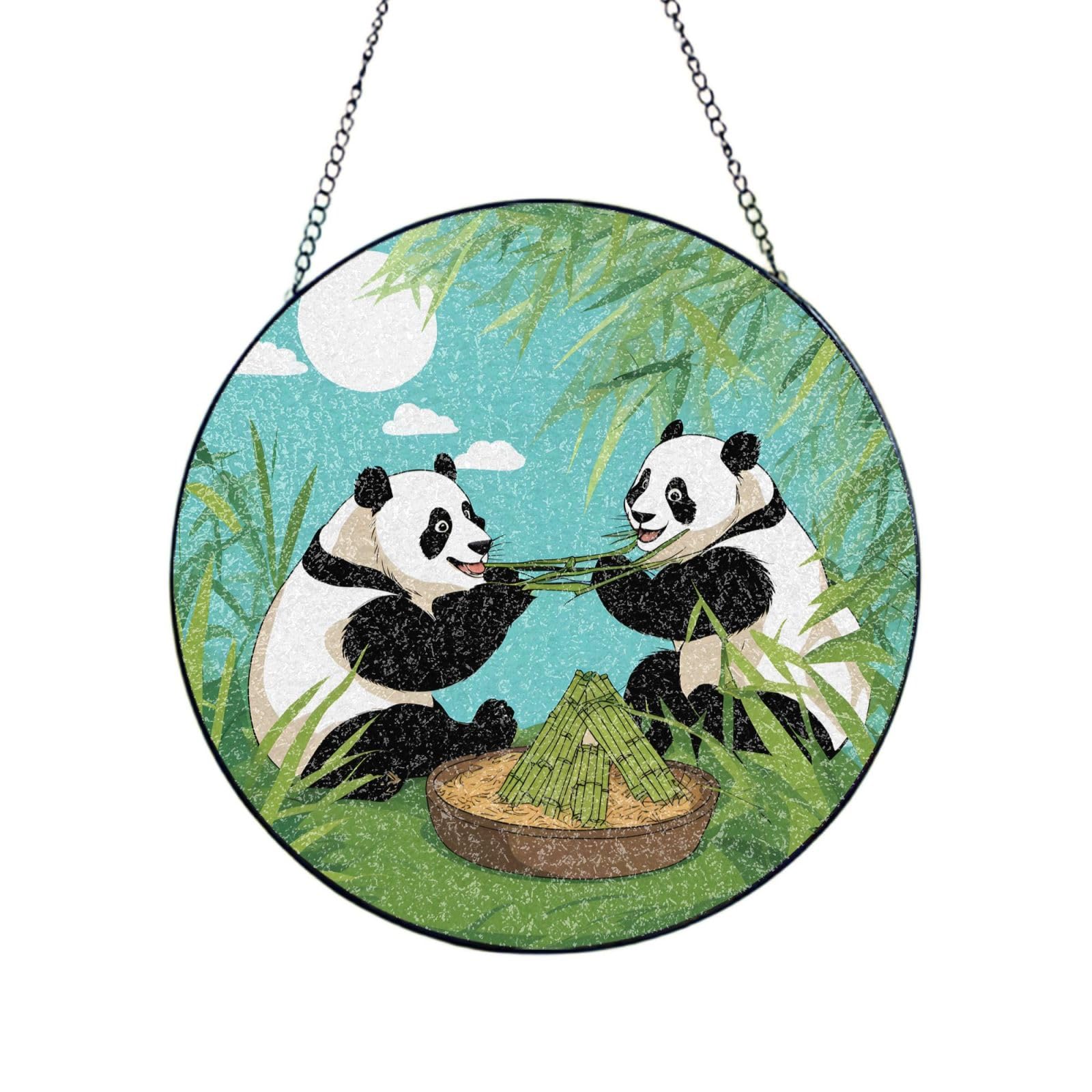 Poezjzw Stained Glass Window Hanging - Two Cute Big Pandas Sun Catcher For Door Garden Home Decor Christmas Mother'S Day Birthday Gifts 6in（15cm）
