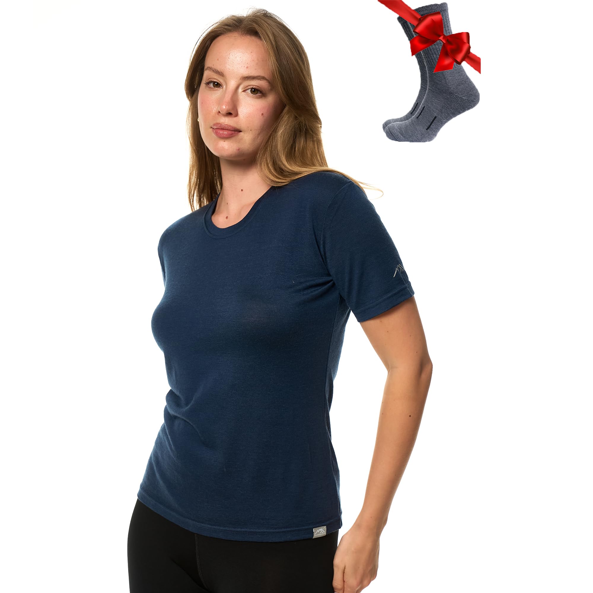 Merino.tech Women's Navy Crewneck Merino Wool T Shirt - 100% Merino Wool Base Layer Short Sleeve Tee + Hiking Socks (Large, )